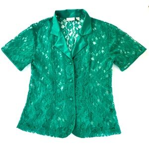Victoria's Secret Vintage Green Lace Satin Button Up Top Womens Large Gold Label